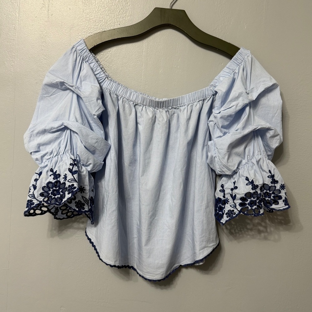 #1) 100% Cotton Light Blue/white  Off-Shoulder Blouse with Navy Embroidery